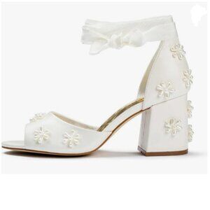 XYD White Open Toe with Bloom Pearl Flower Ribbon Ankle Strap Block Heel Sandals